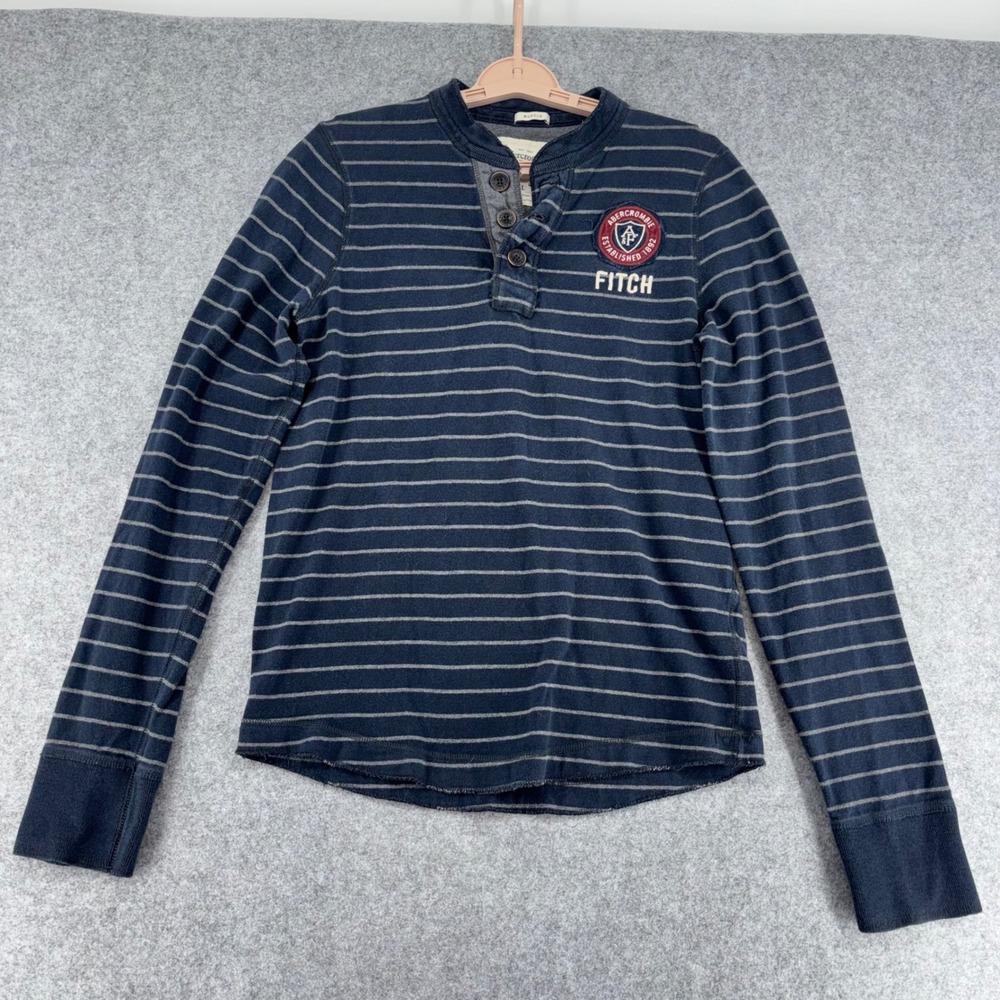Abercrombie & Fitch Mens Muscle Henley Shirt Navy Blue Striped Long Sleeve Large